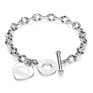 Silver Women's Stainless Steel Classic Heart Engraved Toggle Clasp Bracelet